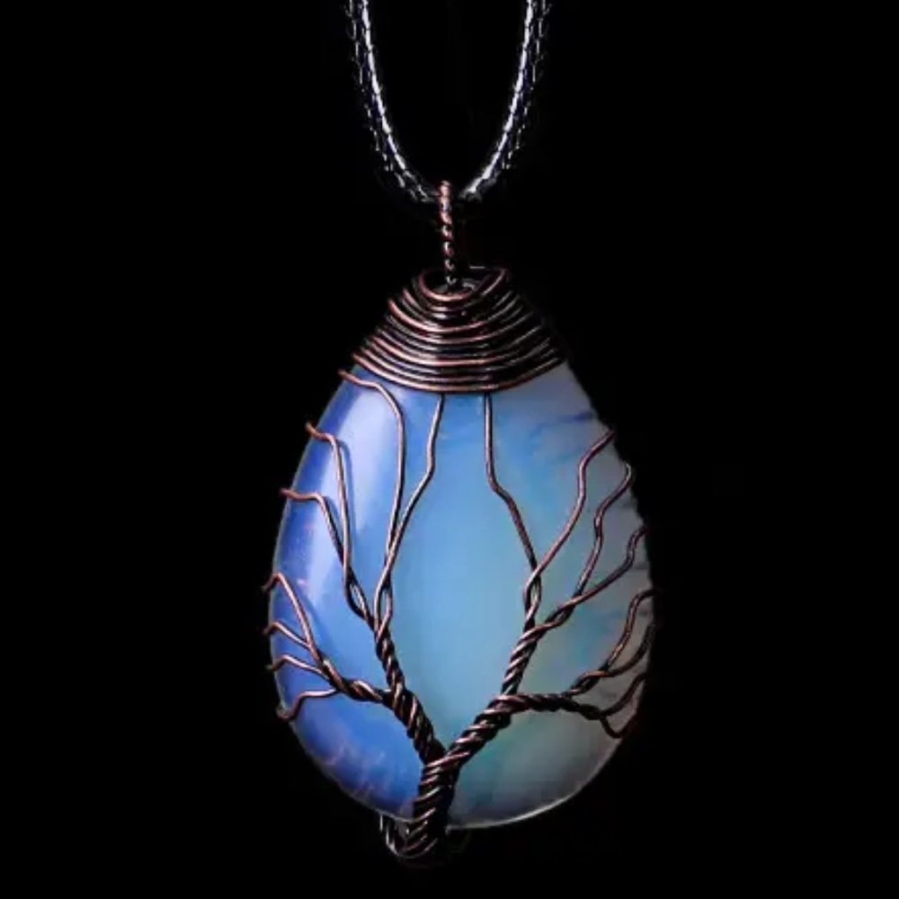 Tree Of Life Copper Wire Wrap Opal Glass Stone Pendant Necklace